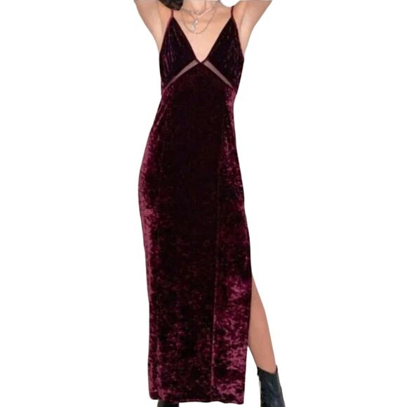 Free People Low Key Crushin Red Velvet Velour Slit Dress - Picture 1 of 6